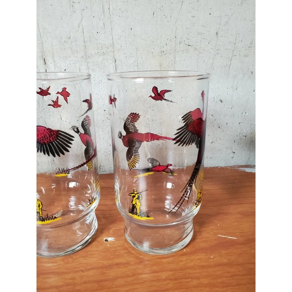 Set‎ of 6 Vintage Pheasant Bird Highball Glasses Mid Century Bar Ware